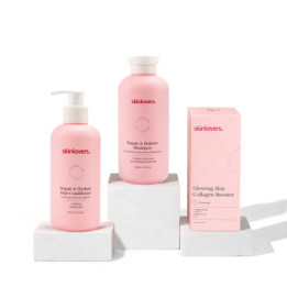 Skinlovers 3 produktų rinkinys pažeistiems ar dažytiems plaukams kartu su kolageno papildais