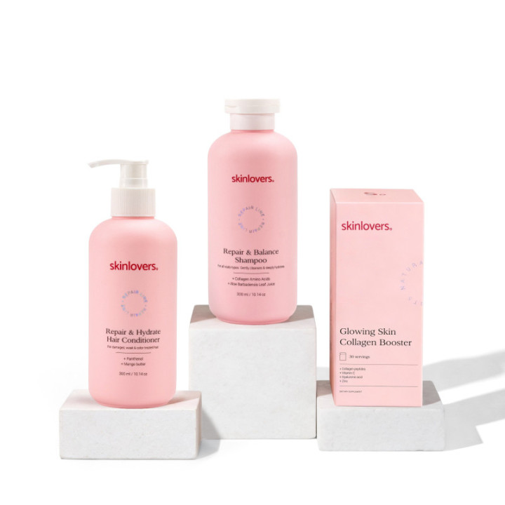 Skinlovers 3 produktų rinkinys pažeistiems ar dažytiems plaukams kartu su kolageno papildais